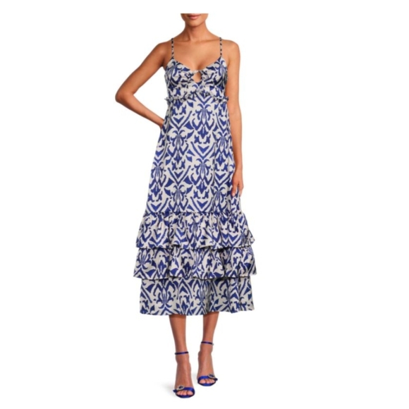 Elegant Blue and White Patterned Midi Dress - Picture 1 of 13